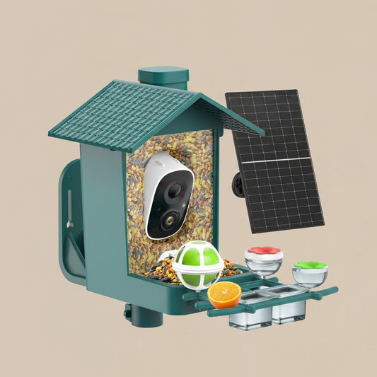 Image of feeder and all it parts and attachments on a beige background