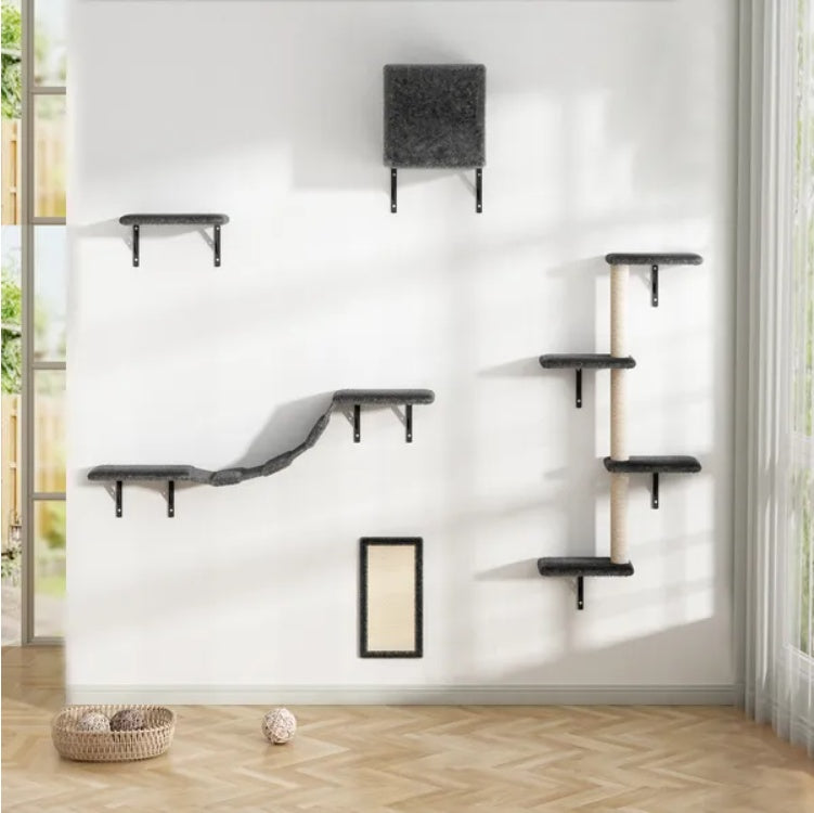 5 Pcs Wall Mounted Cat Climber Set - Floating Cat Shelves And Perches - Cat Activity Tree With Scratching Posts - Modern Cat Furniture