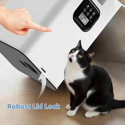 Cat interacting with a pet feeding machine labeled 'Robust Lid Lock'.