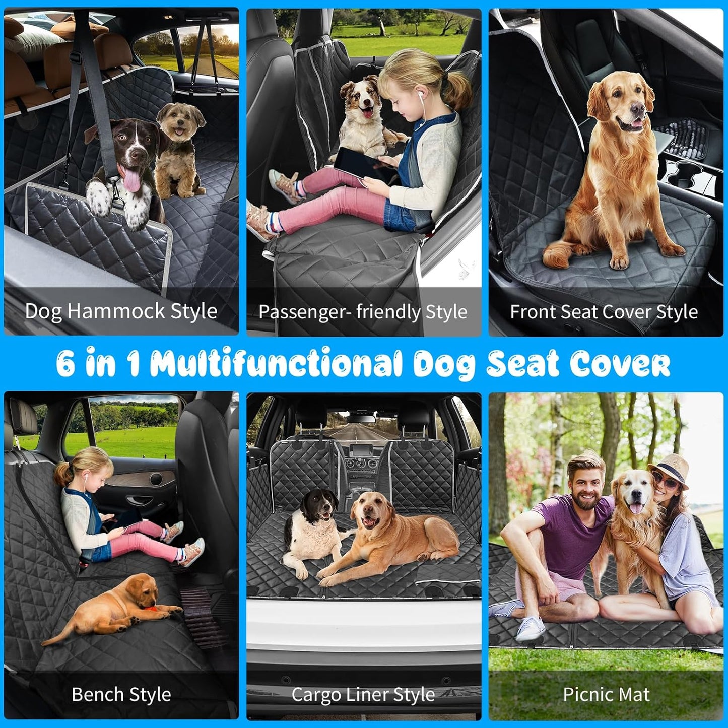 6-In-1 Dog Car Seat Cover for Back Seat, Waterproof Dog Car Hammock 40/60 Split Dog Seat Cover with Mesh Window and Side Flap Pets Car Seat Protector Dog Backseat Cover for Cars, SUV, Truck