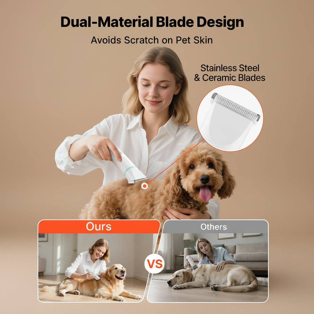 Woman grooming a dog with a pet grooming tool, highlighting dual-material blade design.