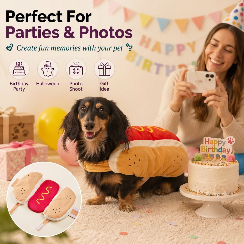 A dachshund wearing a hot dog costume is posed in a birthday-themed room with a woman taking a photo with a phone. The image includes text overlays describing the costume's party and photo capabilities, a circular inset showing the costume pieces, and a birthday cake on a table.