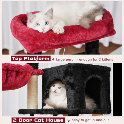 Cat Tree, Cat Tower for Indoor Cats, 43.3 Inch Gothic Cat Tree Tower with Sturdy Steel Tube, Hammock, Cat Condo for Small Cats and Kittens, Scratching Post, Black and Red