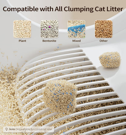 Cat litter scoop with clumping cat litter and text indicating compatibility with various types of cat litter.