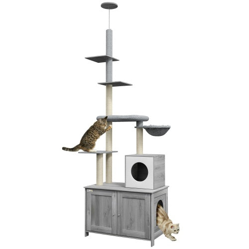 PawHut Cat Tree with Litter Box Enclosure - 2 in 1 Floor to Ceiling Cat Tower Litter Box Furniture with Condo, Bed, Hammock, Scratching Posts, and Platforms for Indoor Use, Gray