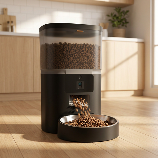 Black smart pet food dispenser on a kitchen floor
