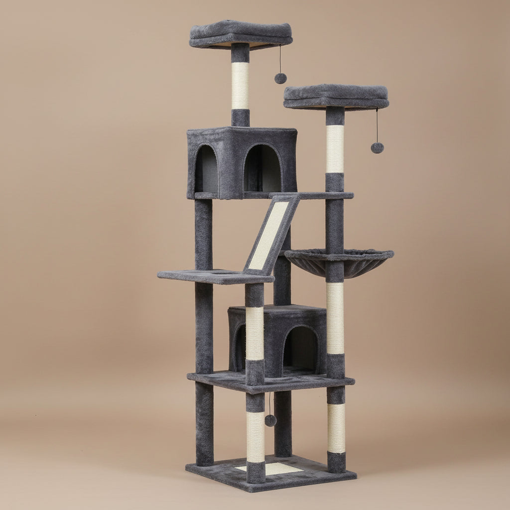 Cat tree with multiple levels and a cat resting on it in a living room setting.