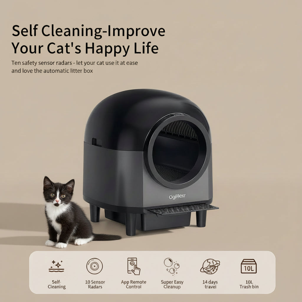 Black self-cleaning litter box with a cat inside, in a home setting.