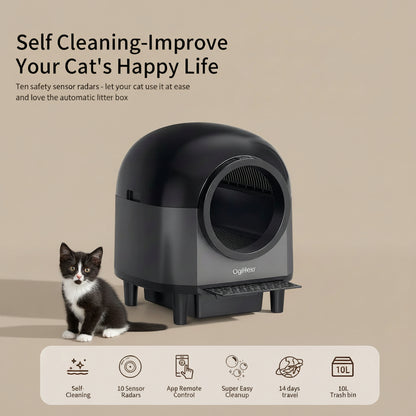 Black self-cleaning litter box with a cat inside, in a home setting.