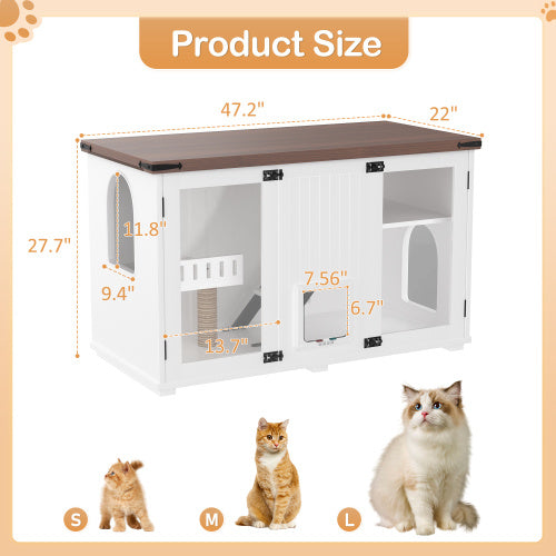 47.25" Large Cat Litter Box Enclosure with LED Light - Hidden Litter Box Furniture, Cat House with Stairs and Cat Scratching Post, Cat Cabinet Side Table with Smart Doors for Living Room, White