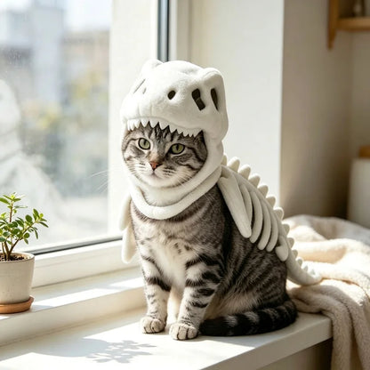 A gray tabby cat wearing a plush white dinosaur costume sits on a sunlit windowsill indoors. The costume includes a hood shaped like a dinosaur head with teeth details and small wing-like side pieces.