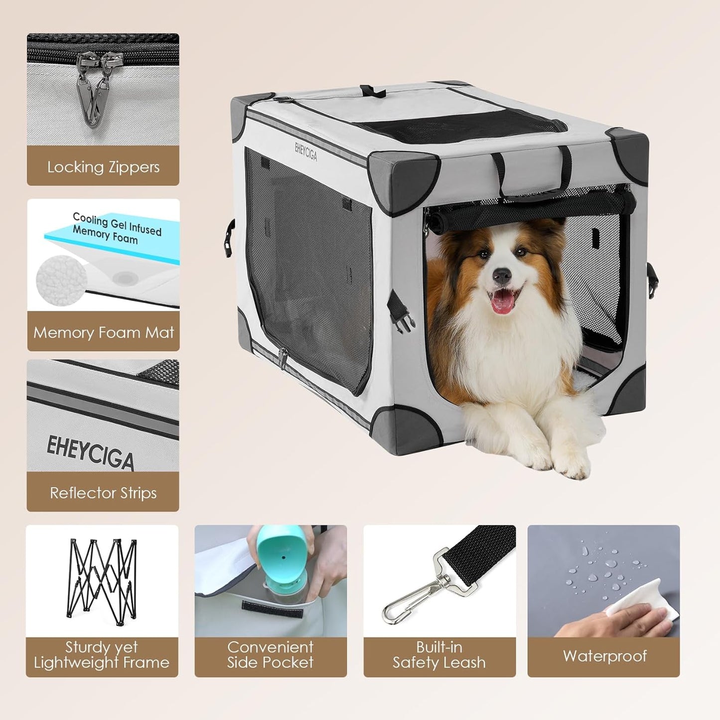 Pet carrier with a dog inside, featuring product features.