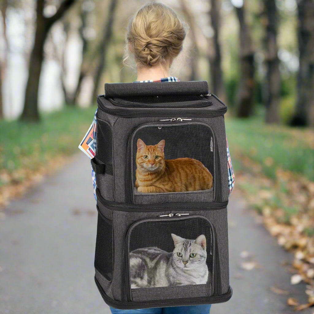 2-In-1 Double Pet Carrier Backpack for Small Cats and Dogs, Portable Pet Travel Carrier, Super Ventilated Design, Ideal for Traveling/Hiking/Camping, Black