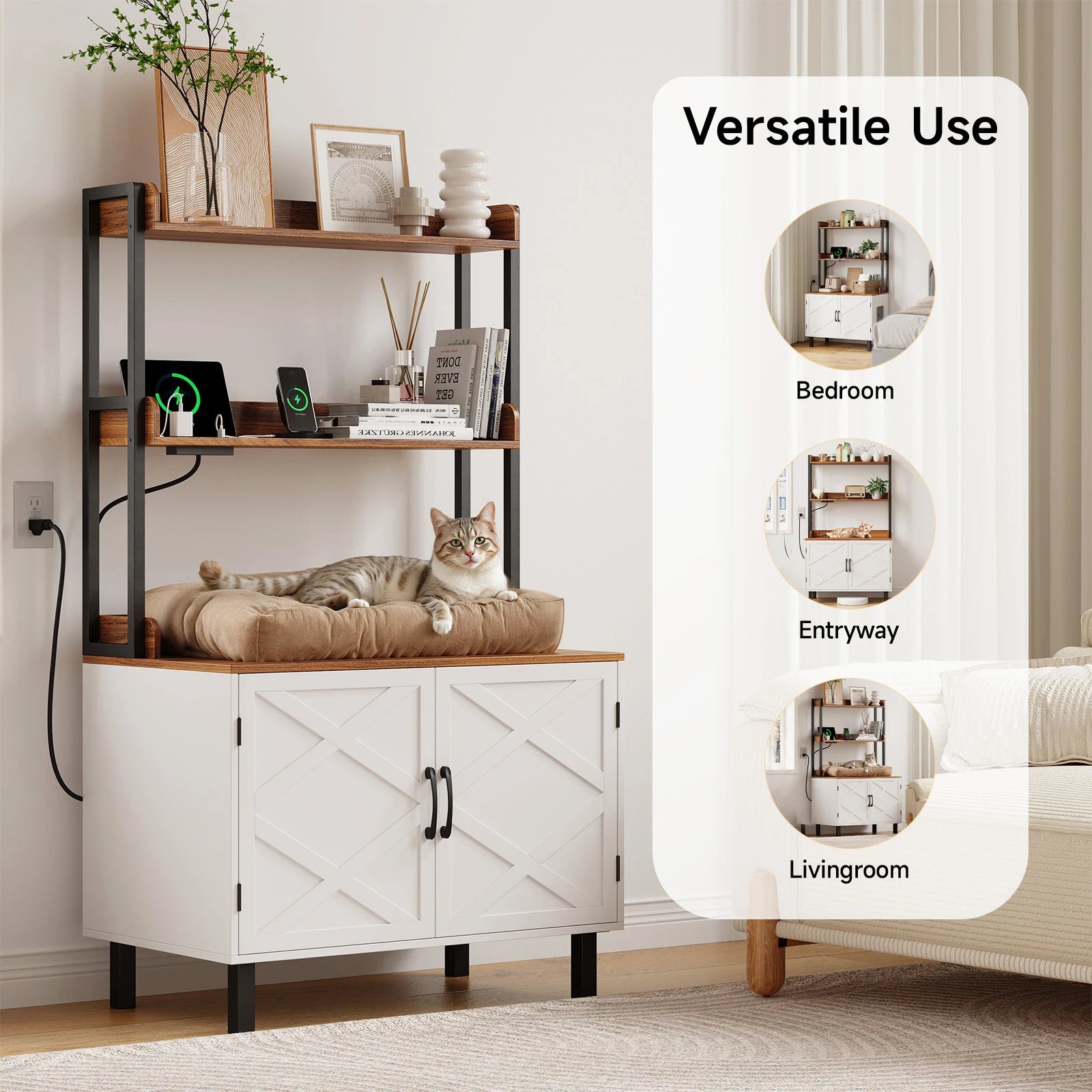 White storage unit with wooden top, cat on a cushion, and decorative items in a room setting.
