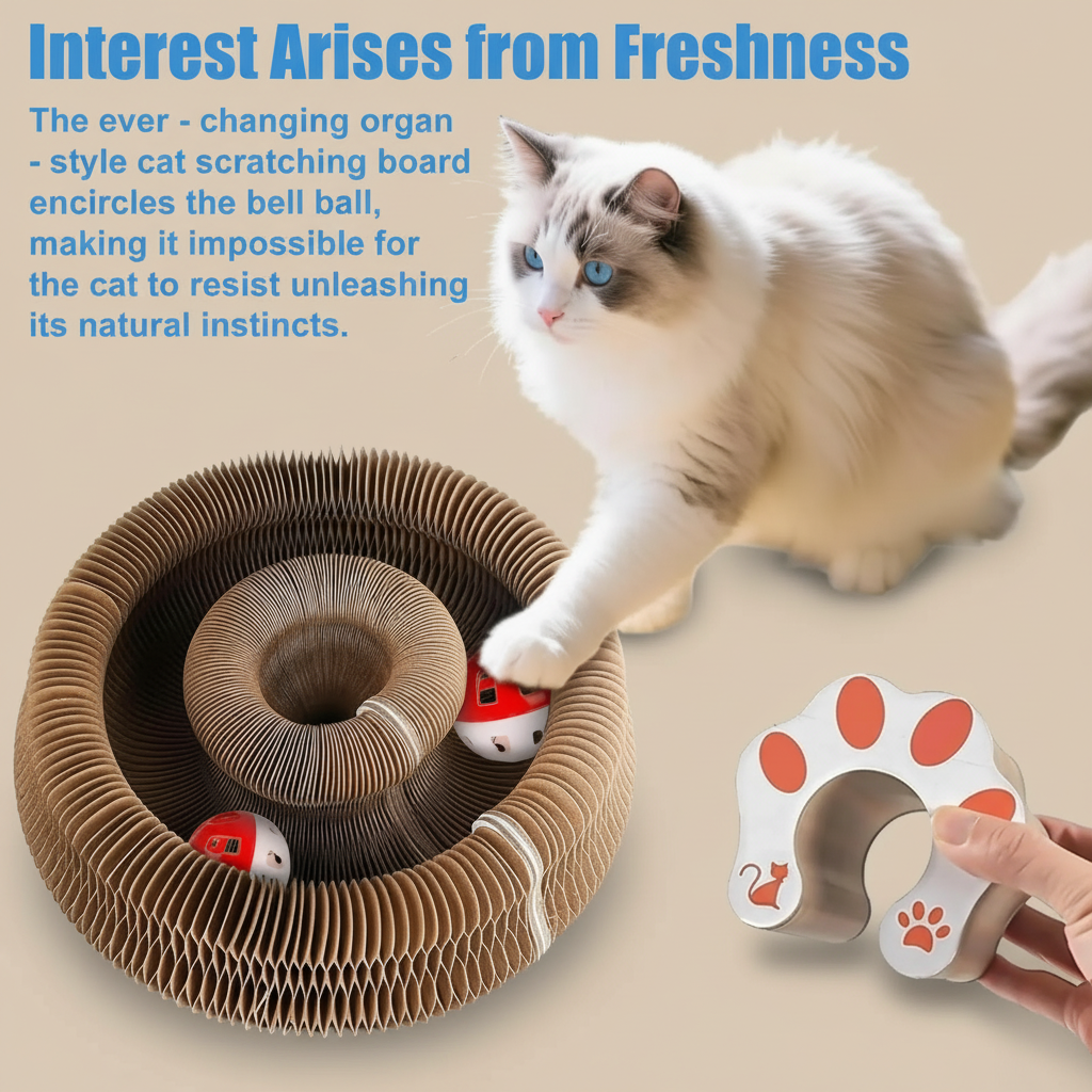 Cat playing with a cardboard scratching board and bell ball toy.