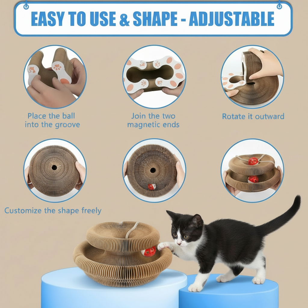 Cat toy with magnetic ends and a cat interacting with it, featuring step-by-step instructions on how to use it.