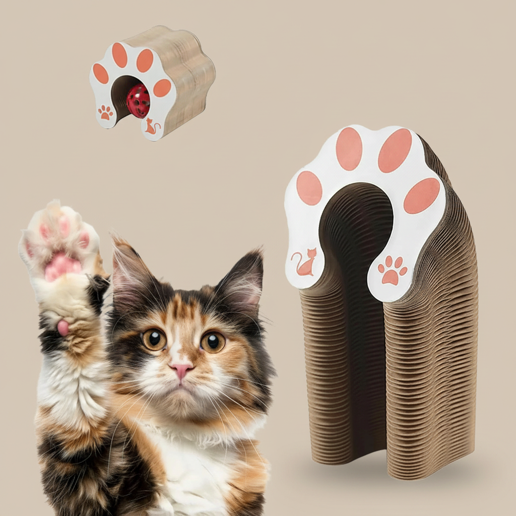 Cat with a paw-shaped scratching post and a cat toy on a beige background