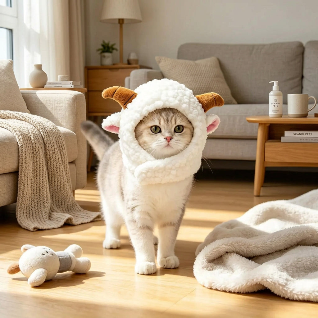 A fluffy cream-colored cat stands on a sunlit wooden floor wearing a plush sheep costume hood with brown horns and pink inner ears. A small plush toy lies on the floor nearby, with a sofa and living room furniture blurred in the background.