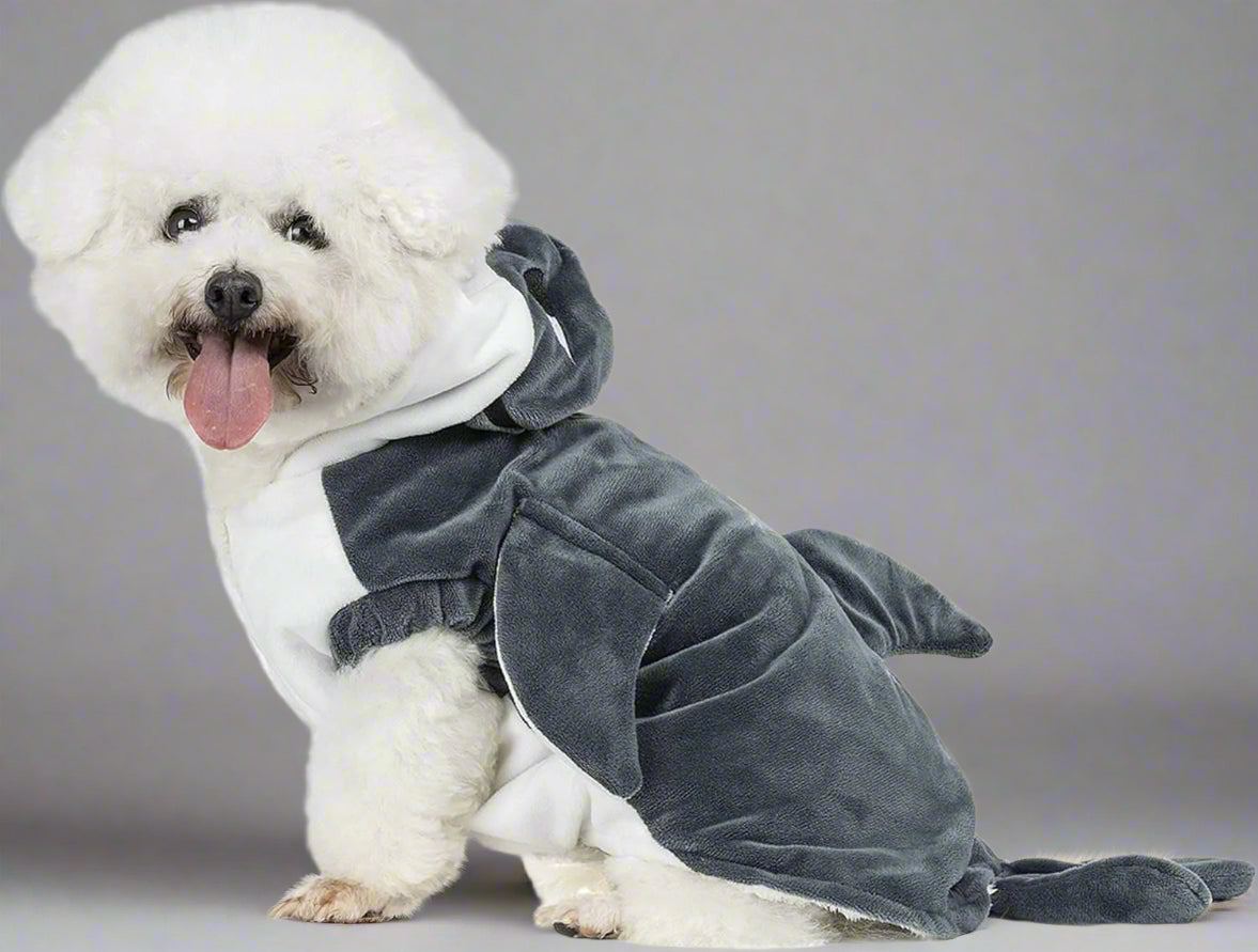 Funny Dog Cat Shark Costumes, Pet Halloween Christmas Cosplay Dress, Adorable Grey Shark Pet Costume, Animal Fleece Hoodie Warm Outfits Clothes (S Size)