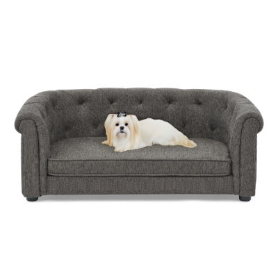 Contemporary Pet Sofa with Arc-Shaped Backrest - Breathable Linen Dog Couch with Button-Tufted Design