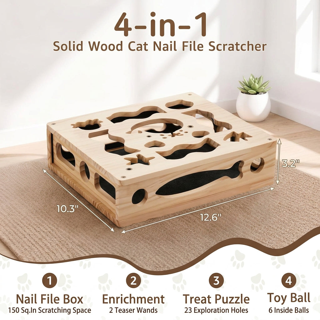 A 4-in-1 solid wood cat nail file scratcher shown on a beige rug in a bright room, with measurement lines and text indicating dimensions 10.3 inches by 12.6