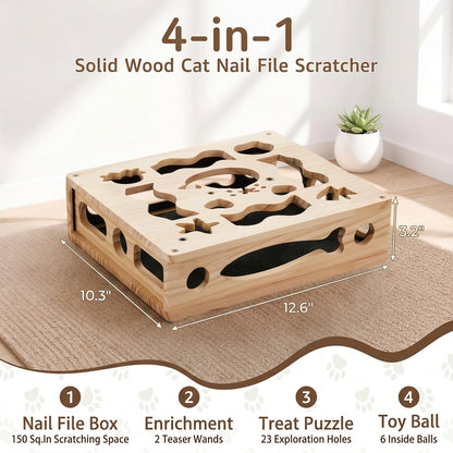 A 4-in-1 solid wood cat nail file scratcher shown on a beige rug in a bright room, with measurement lines and text indicating dimensions 10.3 inches by 12.6