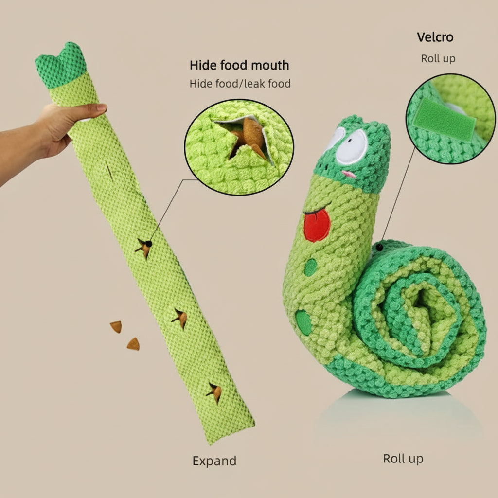 Green crocheted toy with snake design, expandable and rollable, featuring a hand holding it and close-up details.