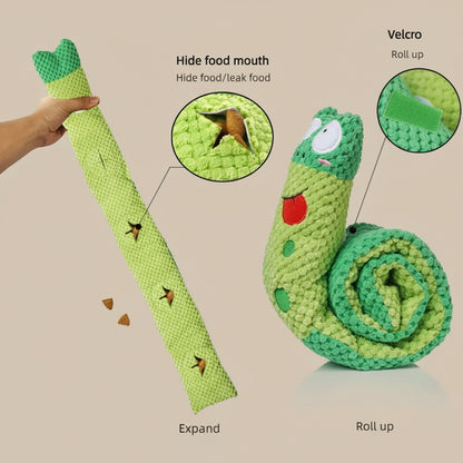 Green crocheted toy with snake design, expandable and rollable, featuring a hand holding it and close-up details.