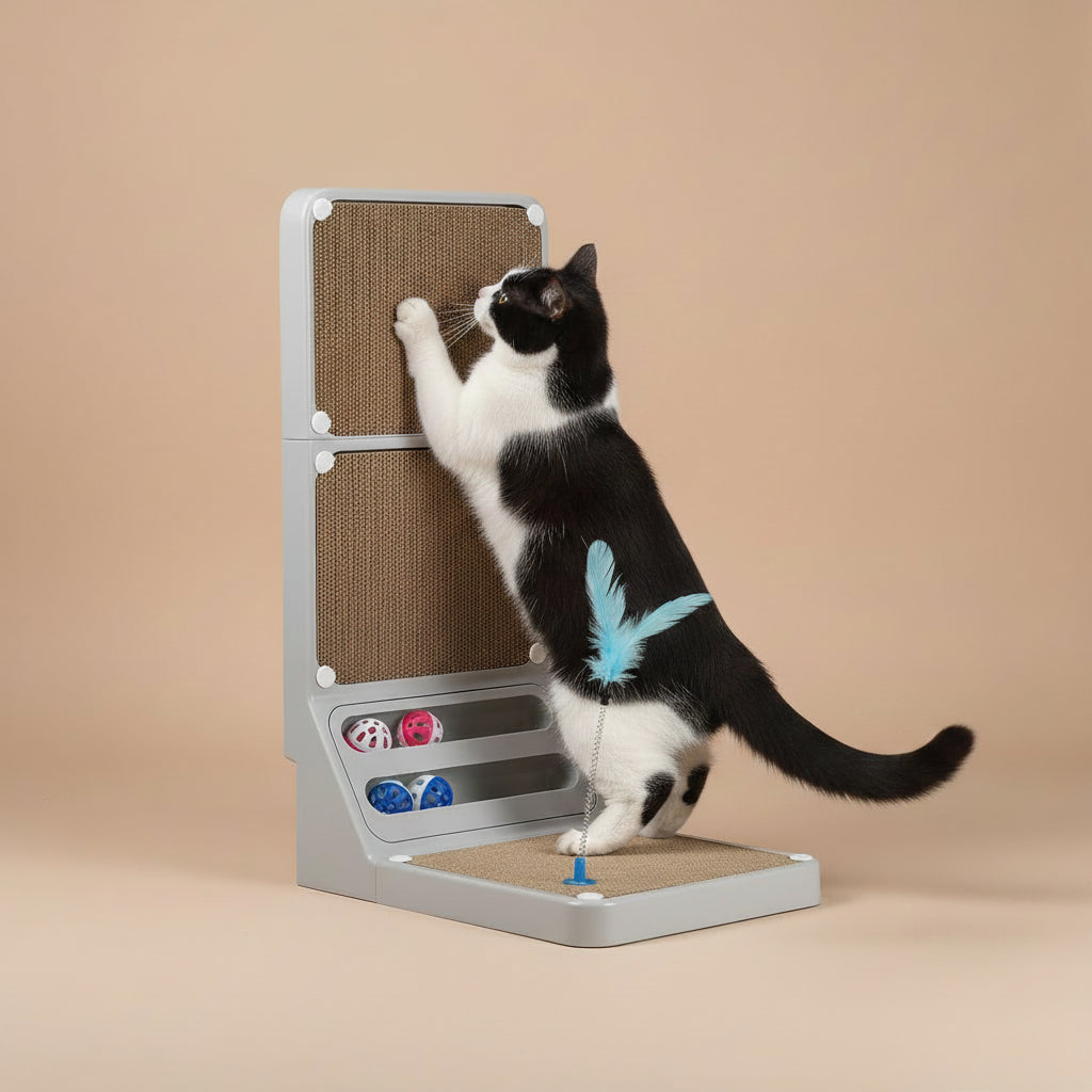 Cat using a scratching post with a platform and toys on a beige background