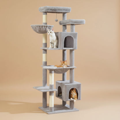Cat tree with multiple levels and perches in a living room setting.