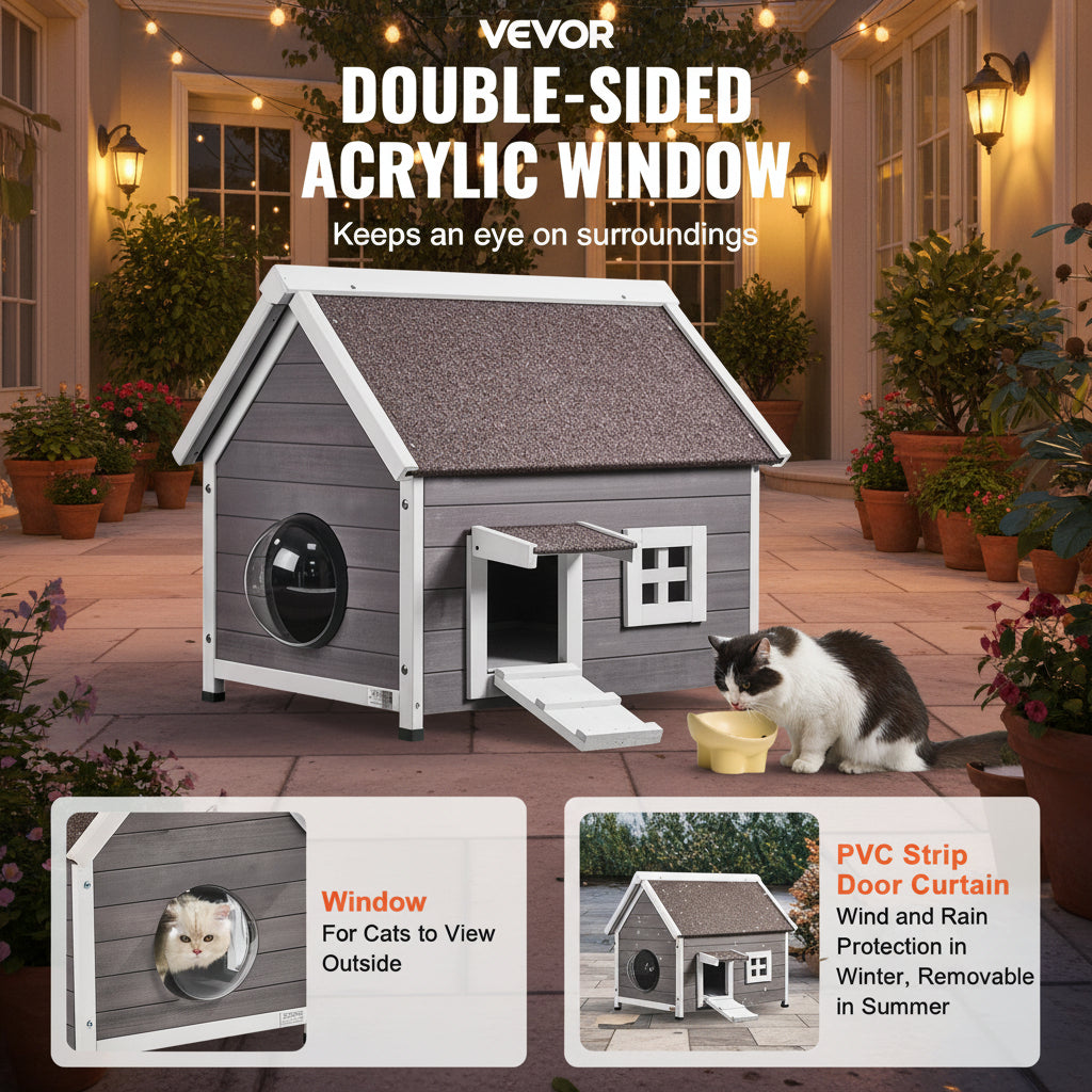 Pet house with double-sided acrylic window on grass, featuring text about window and door curtain functions.