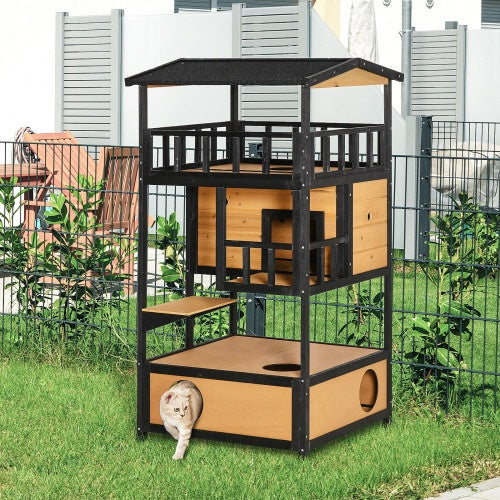 PawHut Wooden Outdoor Cat House | Multi-Level Wild Cat Sanctuary | Asphalt Roof & Escape Door, Yellow