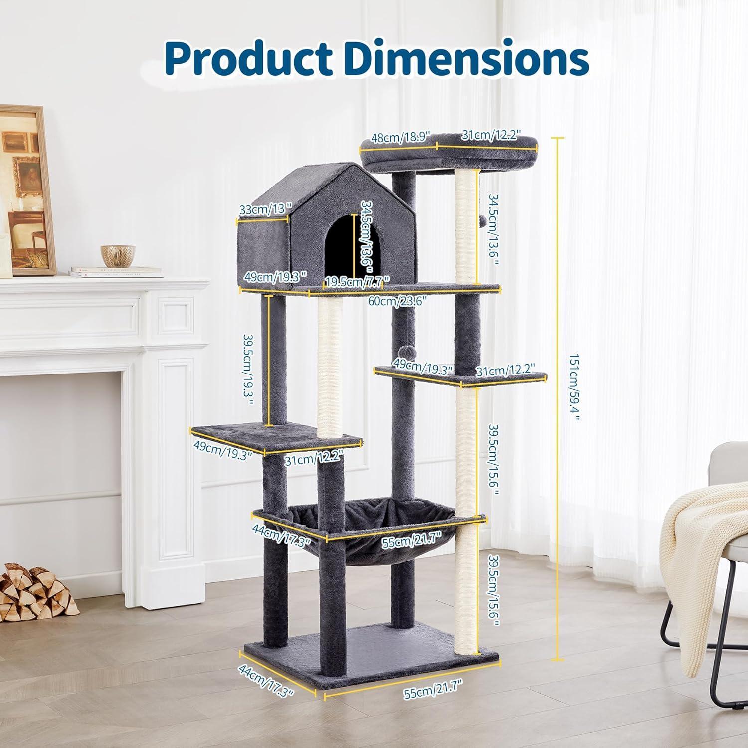 Cat tree with dimensions labeled in a room setting