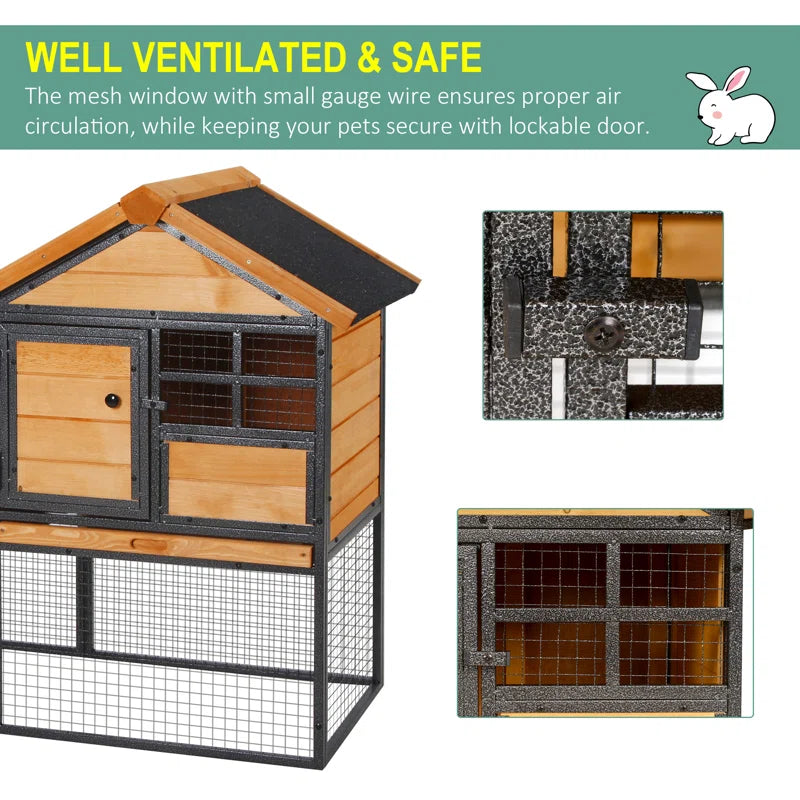 Wood-Metal Pet House Elevated Rabbit Hutch Bunny Cage Small Animal Habitat with Slide-Out Tray Lockable Door Water-Resistant Asphalt Roof for Outdoor 48