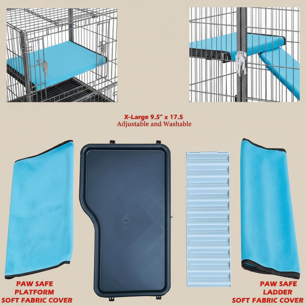 Pet cage accessories including a top hook, safety lock, platform, ladder, and fabric cover with specifications.