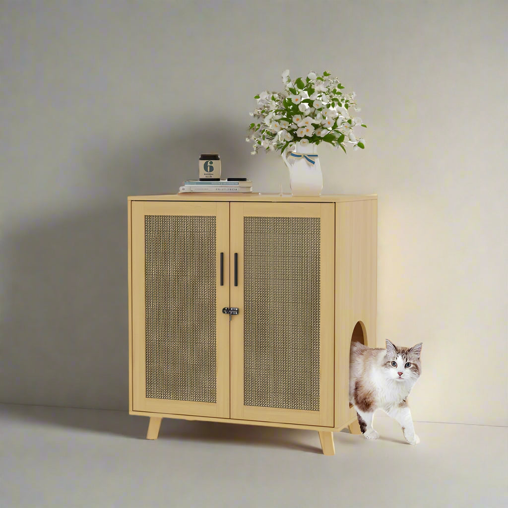 Modern Cat Litter Box Enclosure with Lock and Sisal Door