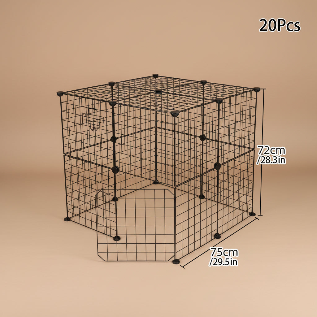 Black metal grid playpen with dimensions on a beige floor.