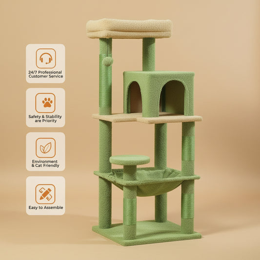 Green and beige cat tree with features highlighted on a light-colored floor.