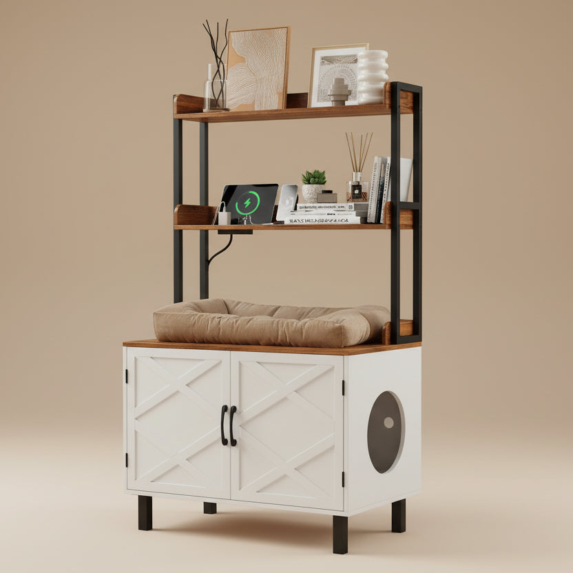 Pet bed and cabinet with a cat on a wooden shelf in a room.