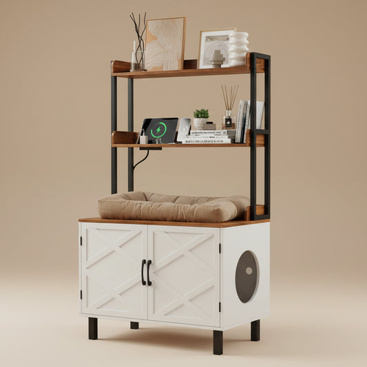 Pet bed and cabinet with a cat on a wooden shelf in a room.