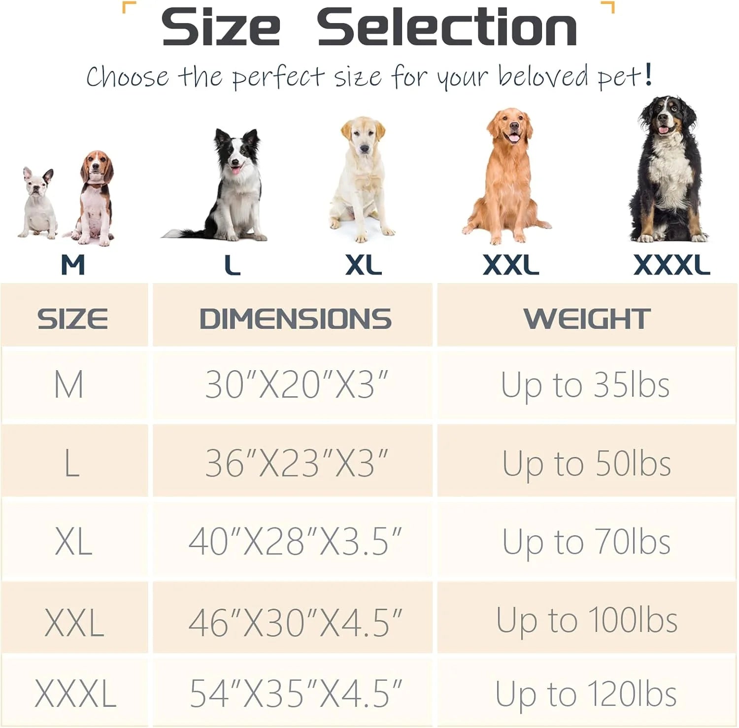 Dog bed size selection chart with images of dogs and dimensions/weight ranges.