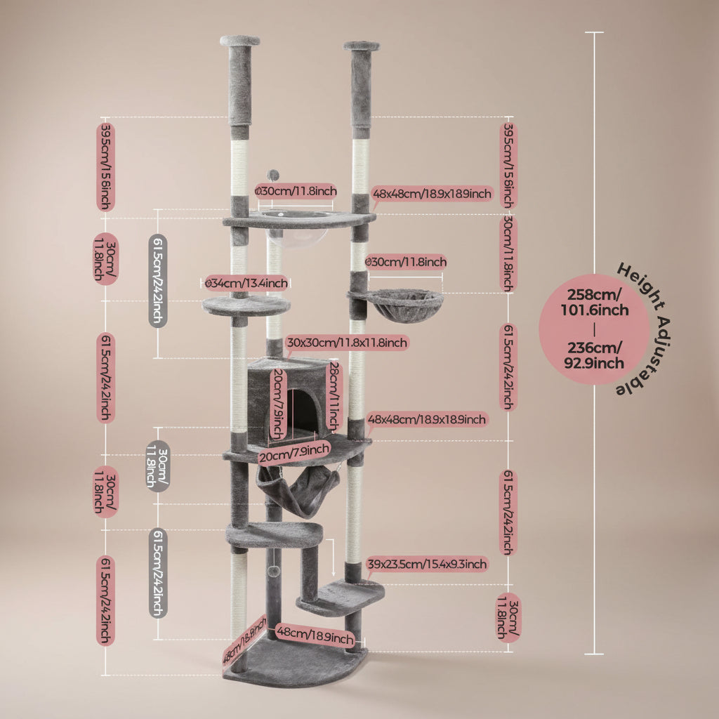 Measurement chart of a cat tree with various dimensions labeled