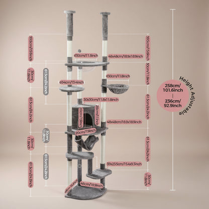 Measurement chart of a cat tree with various dimensions labeled