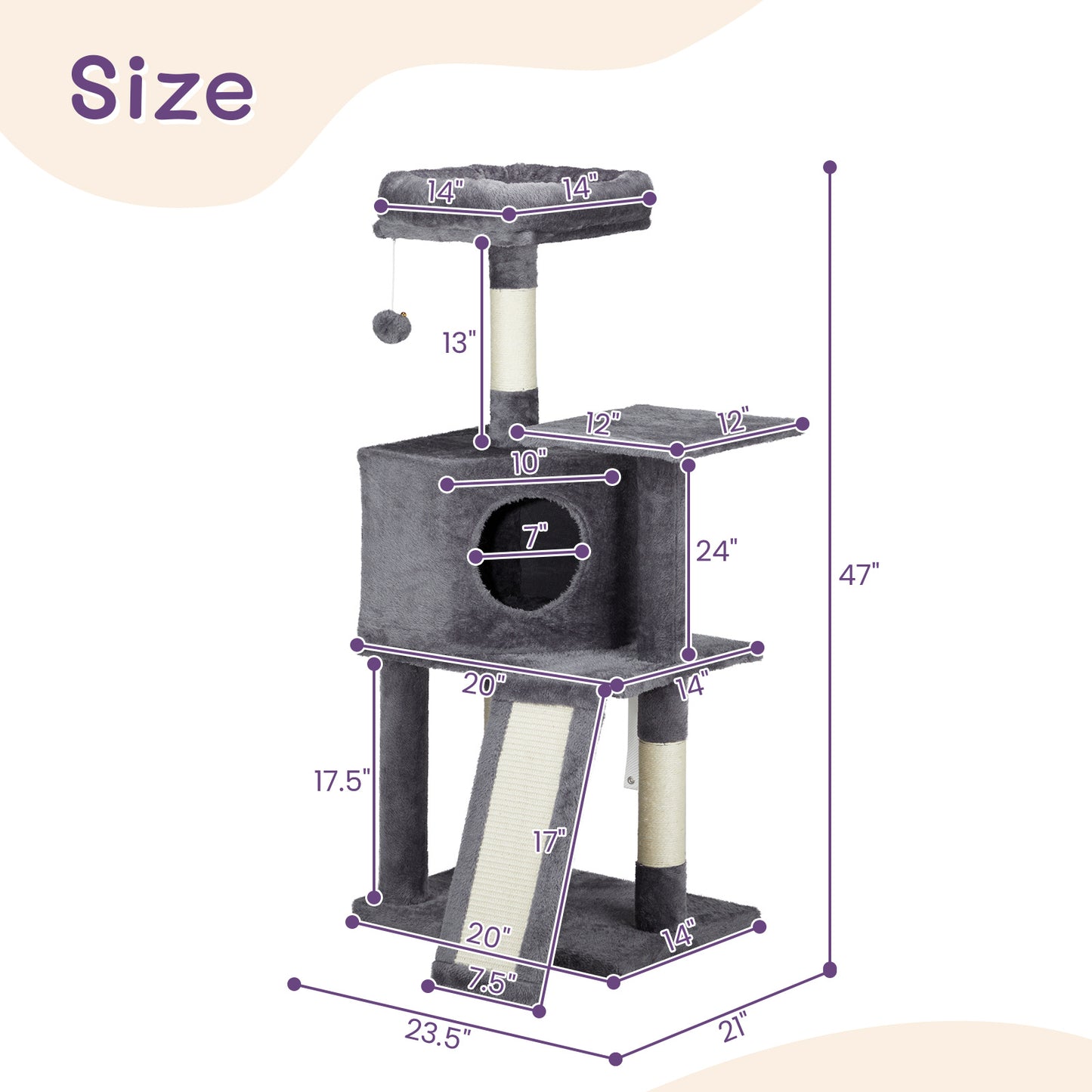 47inch Dark Grey Cat Scratcher Trapezoidal Cat House Cat Climbing Frame