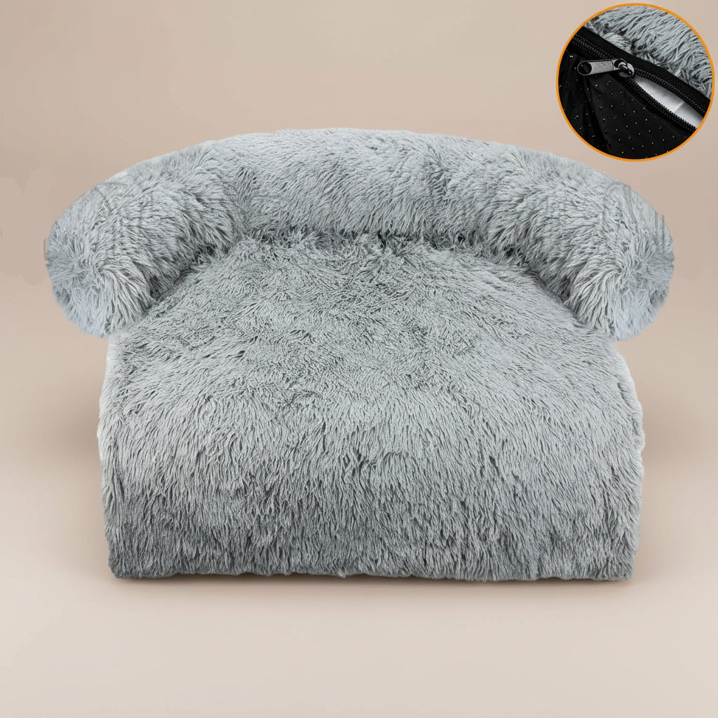 Gray fluffy chair with close-up of zipper on a white background