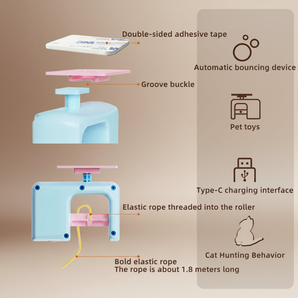 Diagram of a pet toy device with labeled parts on a white background