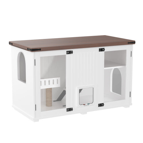 47.25" Large Cat Litter Box Enclosure with LED Light - Hidden Litter Box Furniture, Cat House with Stairs and Cat Scratching Post, Cat Cabinet Side Table with Smart Doors for Living Room, White