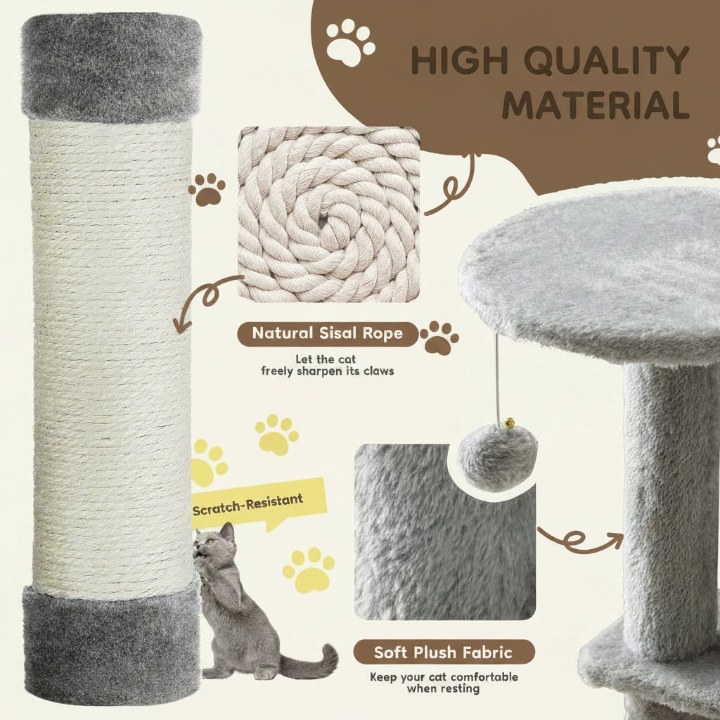 Cat scratching post with sisal rope and plush fabric, featuring high-quality material text.