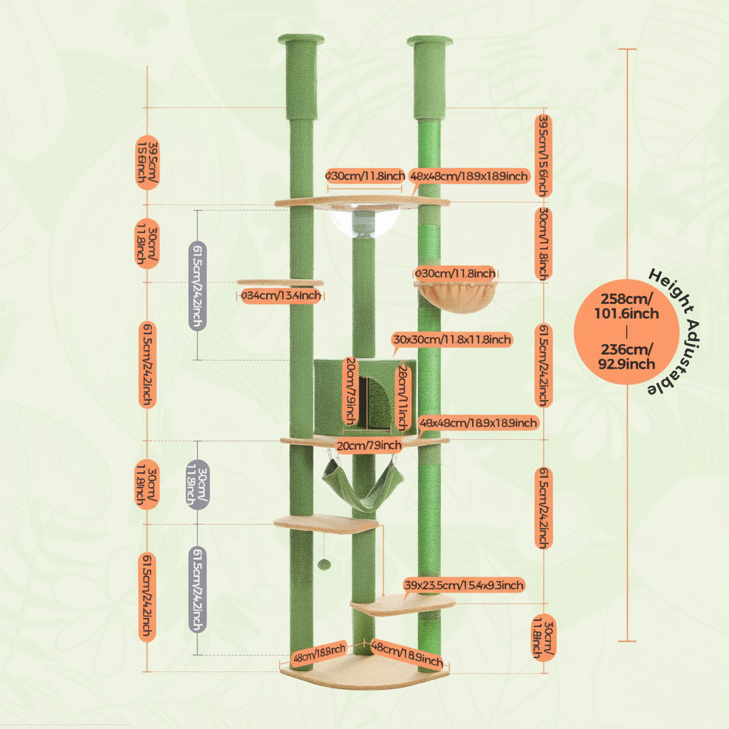 Green cat tree with measurements on a light green background