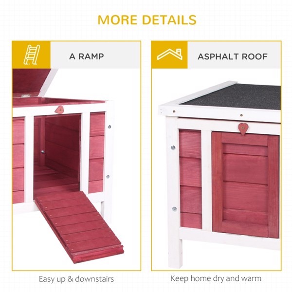 Red and white pet house with ramp and asphalt roof details